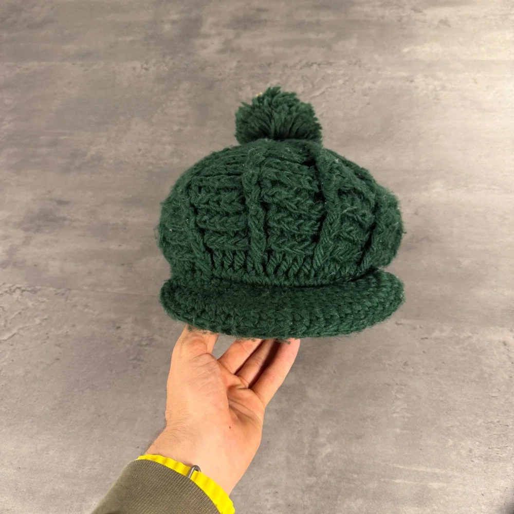Vintage 70s Kmart Newsboy Cap Trucker Forest Green Cable Knit Pom Pom Beanie Hat - Picture 4 of 6